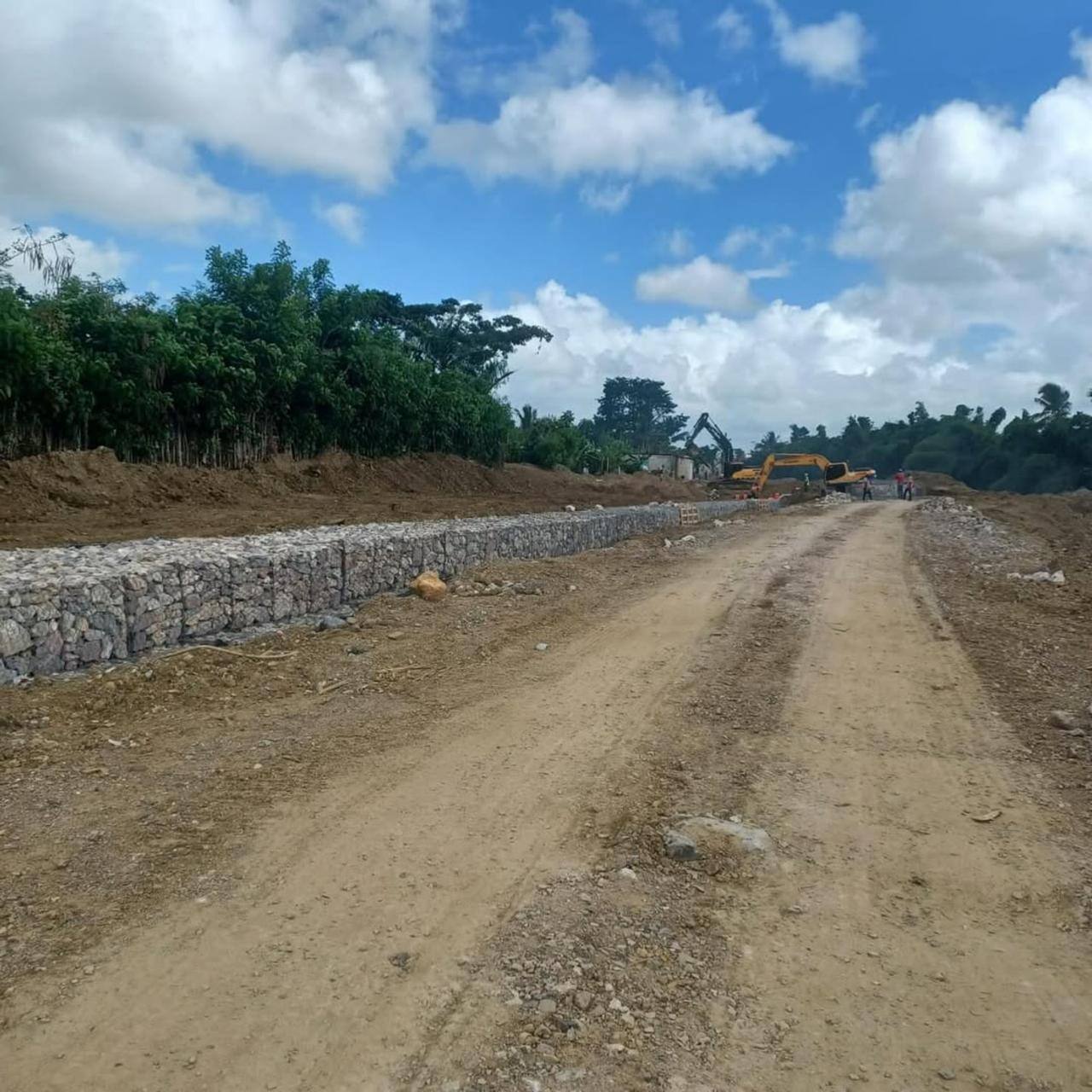 Muro lineal de gaviones en construcción